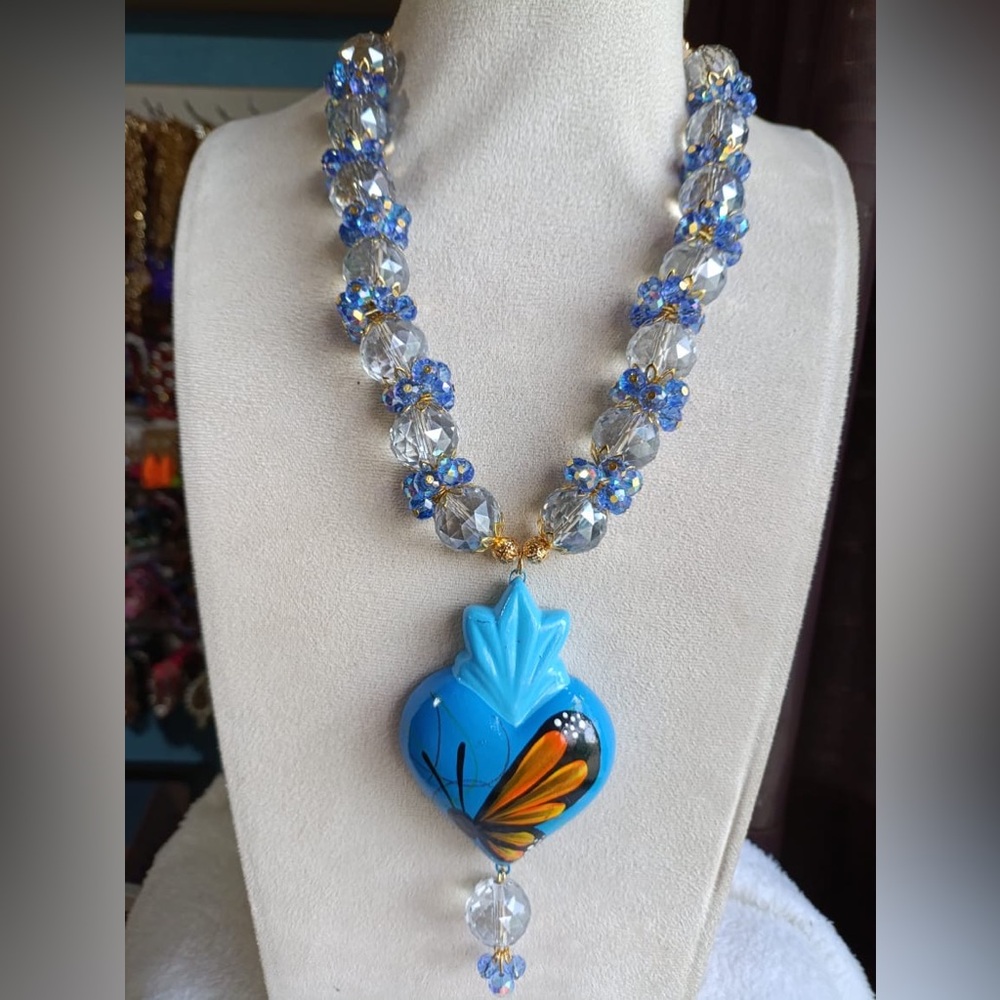 Blue and Gold Beaded Necklace with Heart Pendant